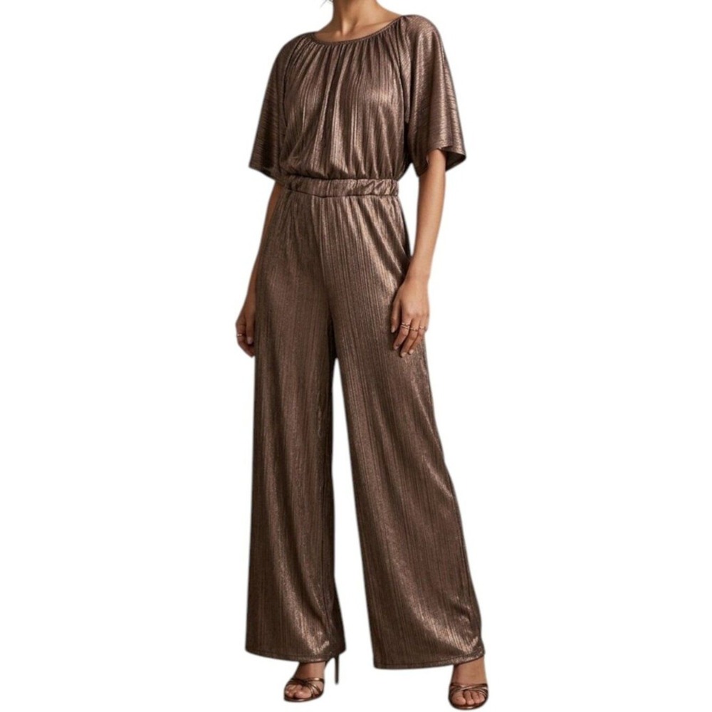 Diosa Metallic Bronze Plissé Jumpsuit Wide Leg Flutter Sleeve Disco Party Boho M